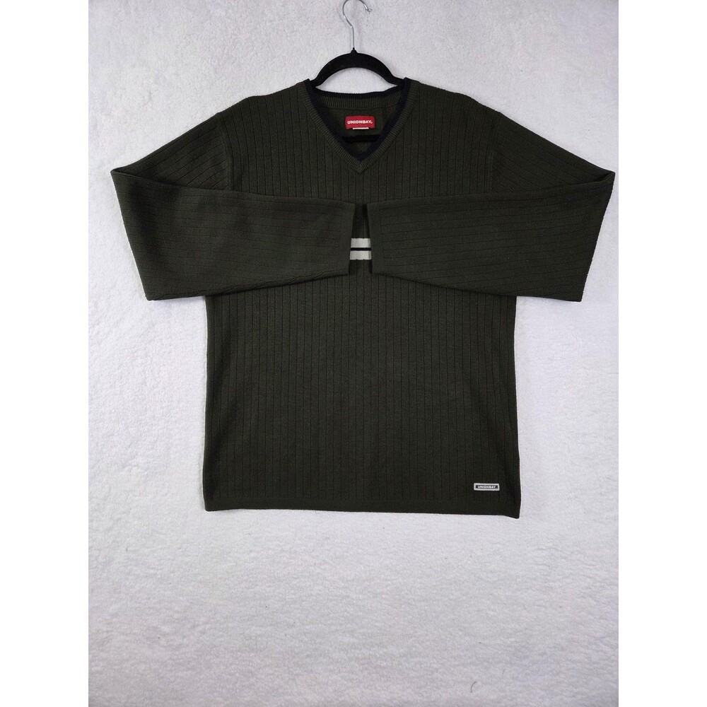 Vtg Unionbay Sweater L Olive V Neck Stripe Ribbed Pullover Preppy Casual 90s